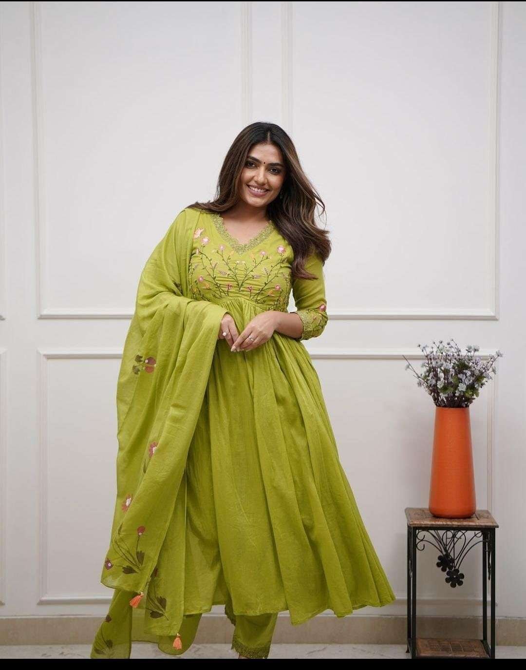 Women's Cotton Embroidered Long Anarkali Kurti With Pant and Dupatta Set